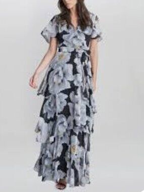 NWT - SLNY - Black and Grey Floral Short-sleeve Tiered Maxi Dress - SIZE 16